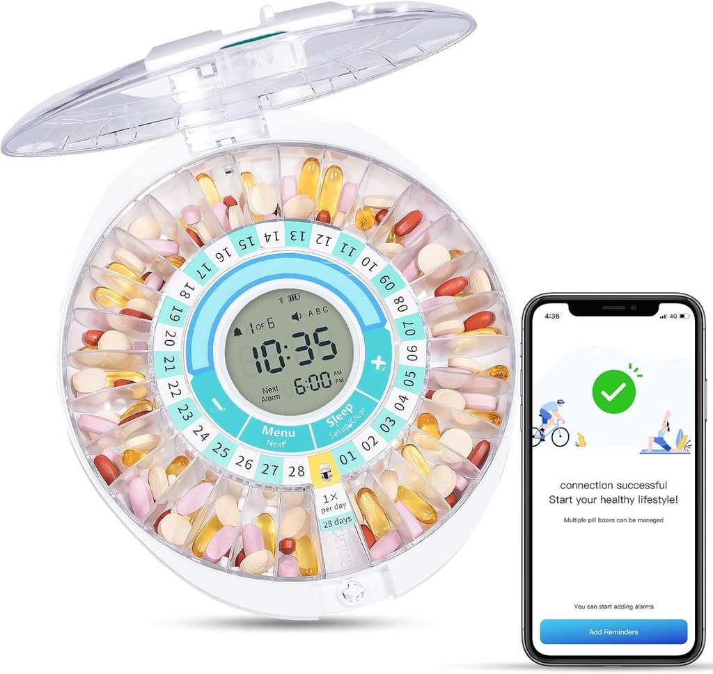 Zoksi Uppgradera Bluetooth Smart Automatic Pill Dispenser, Elektronisk Medicine Dispenser för äldre, 28 kompartement Medicine Organizer med Ljus / Ljus / App Alarm (Ha Operation Video nedan)
