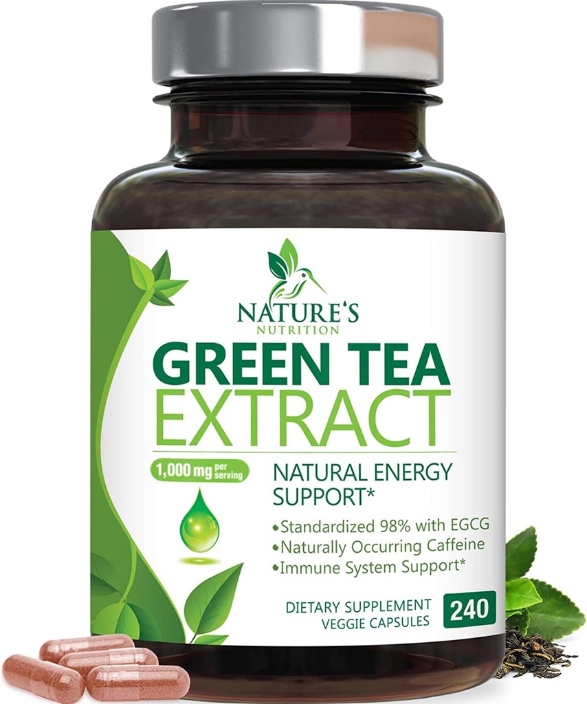 Grönt te extrakt kapslar 1000mg 98% Standardiserad EGCG - 3X styrka för naturlig energi - Hjärtstöd med polyfenoler - Gentle koffein - 240 kapslar