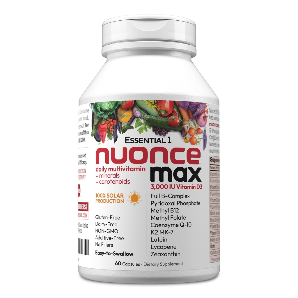 ANDREW LESSMAN Essential-1 nuonce max Multivitamin 3000 IE Vitamin D3 60 Small Capsules. 100 mcg Methyl B12. CoQ10 Lutein Lycopene Zeaxanthin. Hög styrka. Inga tillsatser. Ultra-Mild One Daily Capsule