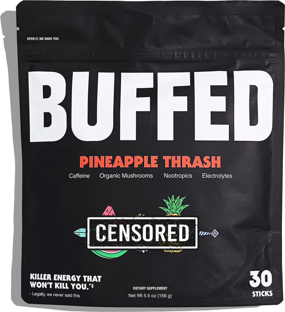 Energy Powder Stick Packs, Drink Mix | Clean, Healthy Boost Packets | 150mg Koffein + Hydration | Nootropics, Organic Mushrooms, B-Vitamins, Electrolytes | 30 Pack-Pineapple Thrash