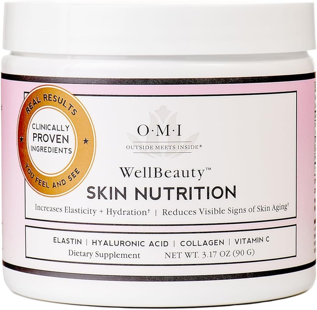 OMI Wellbeauty Skin Nutrition, Clinically Proven to Increase Elasticity and Reduce the Visible Signs of Skin Aging, French Marine Elastin, Collagen, Hyaluronic Acid, Vitamin C, 1 Month Supply, 3.17oz