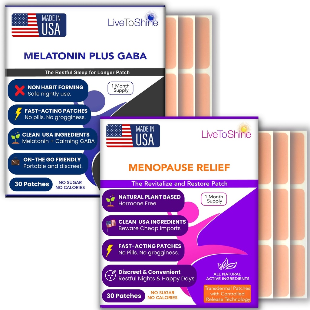 Klimakteriet Relief och Melatonin Sleep Patch Bundle - 2 Packs - Hot Flashes, Night Sweats, Mood Swings Relief Plus Restful Sleep Patches - 30 Day Supply Per Pack (60 Patches) - USA Tillverkad av Live To Shine