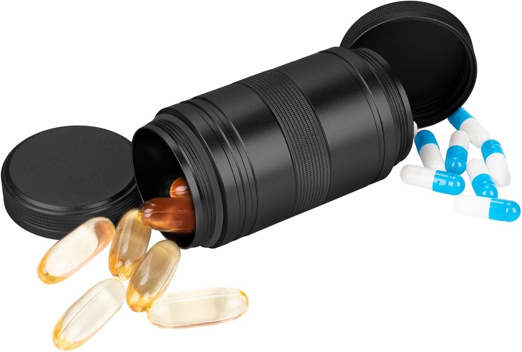 Metal Pill Box 2 gånger om dagen - Portable Waterproof Small Pill Case (AM PM), Travel Daily Pill Container, Compact Pill Holder Medicine Organizer för Pills/Vitamin/Fish Oil/Supplements, Black