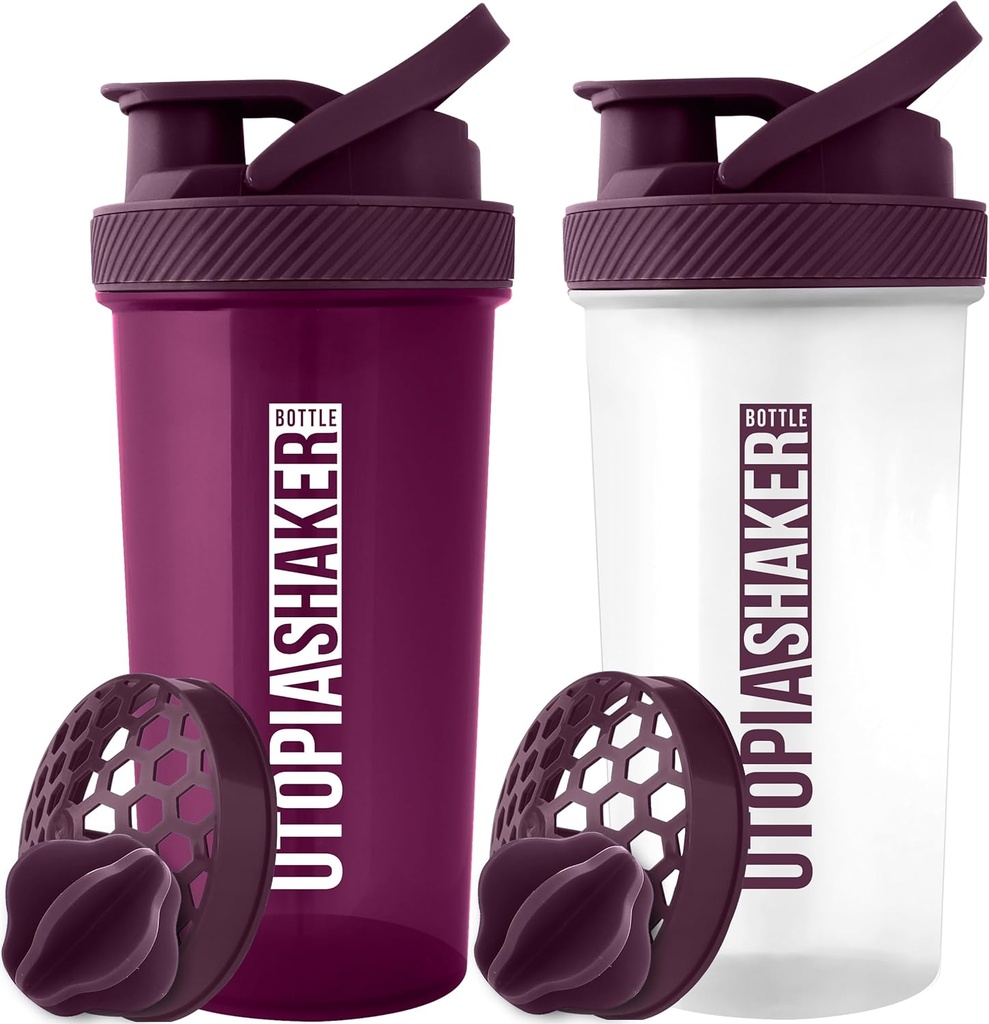 Utopia Home Protein Shaker Bottle - (Pack of 2) 28-Ounce Shaker flaskor för proteinblandningar - Fitness Sports Classic Protein Mixer Shaker Bottle (Plum & Clear/Plum)