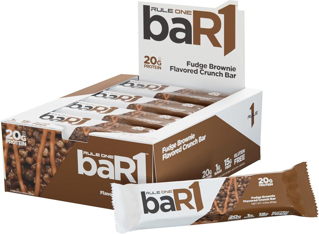 Regel 1 baR1 Crunch Bar - On-The-Go Convenient Protein Snack Bars med 20g Premium Protein, naturligt packad med EAAs / BCAAs, Hunger-Filling Fiber (12 greve Box, Fudge Brownie)