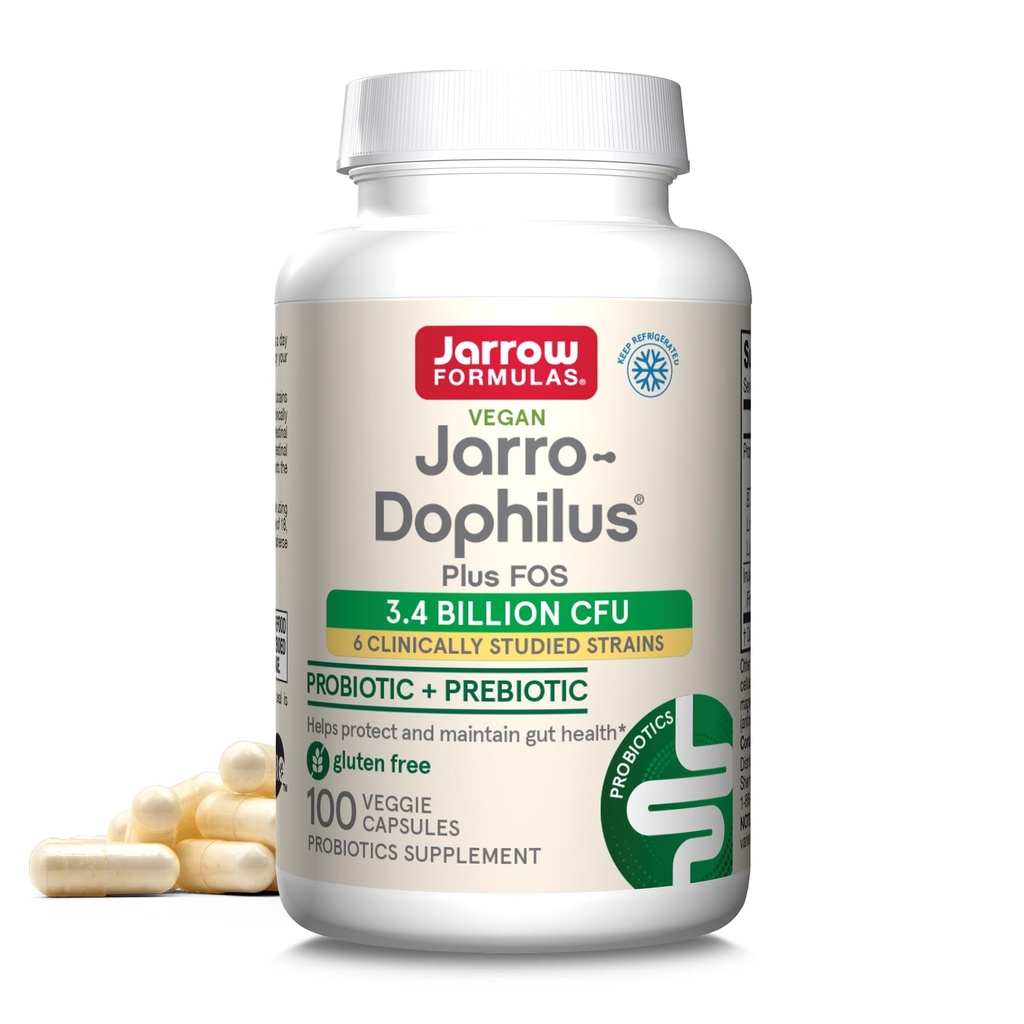 Jarrow Formulas Jarro-Dophilus + FOS - 3,4 miljarder organismer Per Servering - 100 Veggie Caps - Prebiotic & Probiotic - Näringsstöd till fördelaktiga bakterier - Upp till 100 portioner