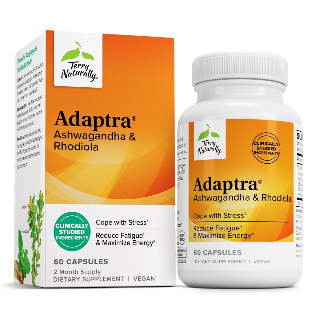 Terry Naturally Adaptra - Tillägg för att stödja Adrenal Health - Ashwagandha Supplement med Rhodiola Rosea Extract - Herbal Supplement för att stödja energi och koncentration - 60 kapslar