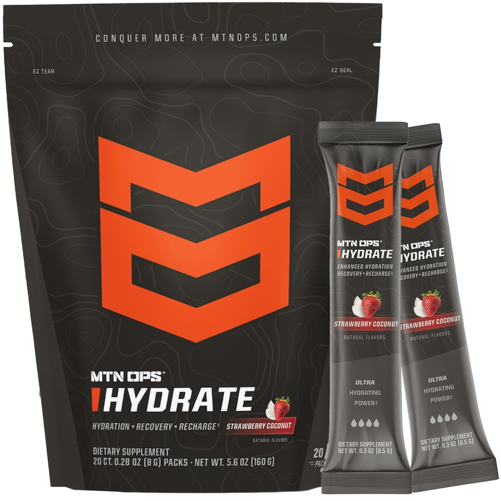 MTN OPS Hydrate Electrolytes Powder Drink Mix, 20 singel serverar on-the-Go Electrolyte Packs med över 1000mg Electrolytes per servering, Strawberry Coconut