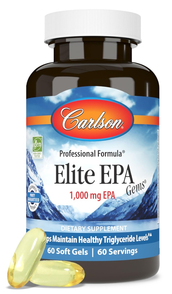 Carlson - Elite EPA Gems, 1000 mg EPA Fish Oil, Wild-Caught, Norwegian Fish Oil Supplement, Sustainably Sourced, hjälper till att upprätthålla hälsosam triglyceridnivåer, 60 Softgels