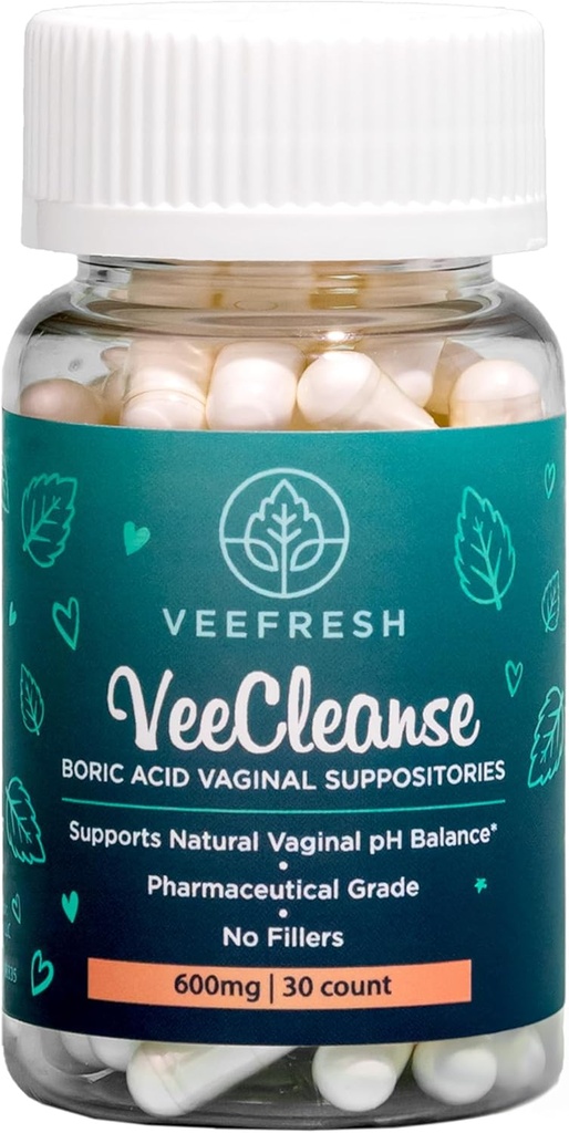 VeeFresh - VeeCleanse Boric Acid Vaginal Suppositories - Vaginal pH Balance Suppositories - Vaginal Odor Control - Känn Färsk, Feminin och Konfident