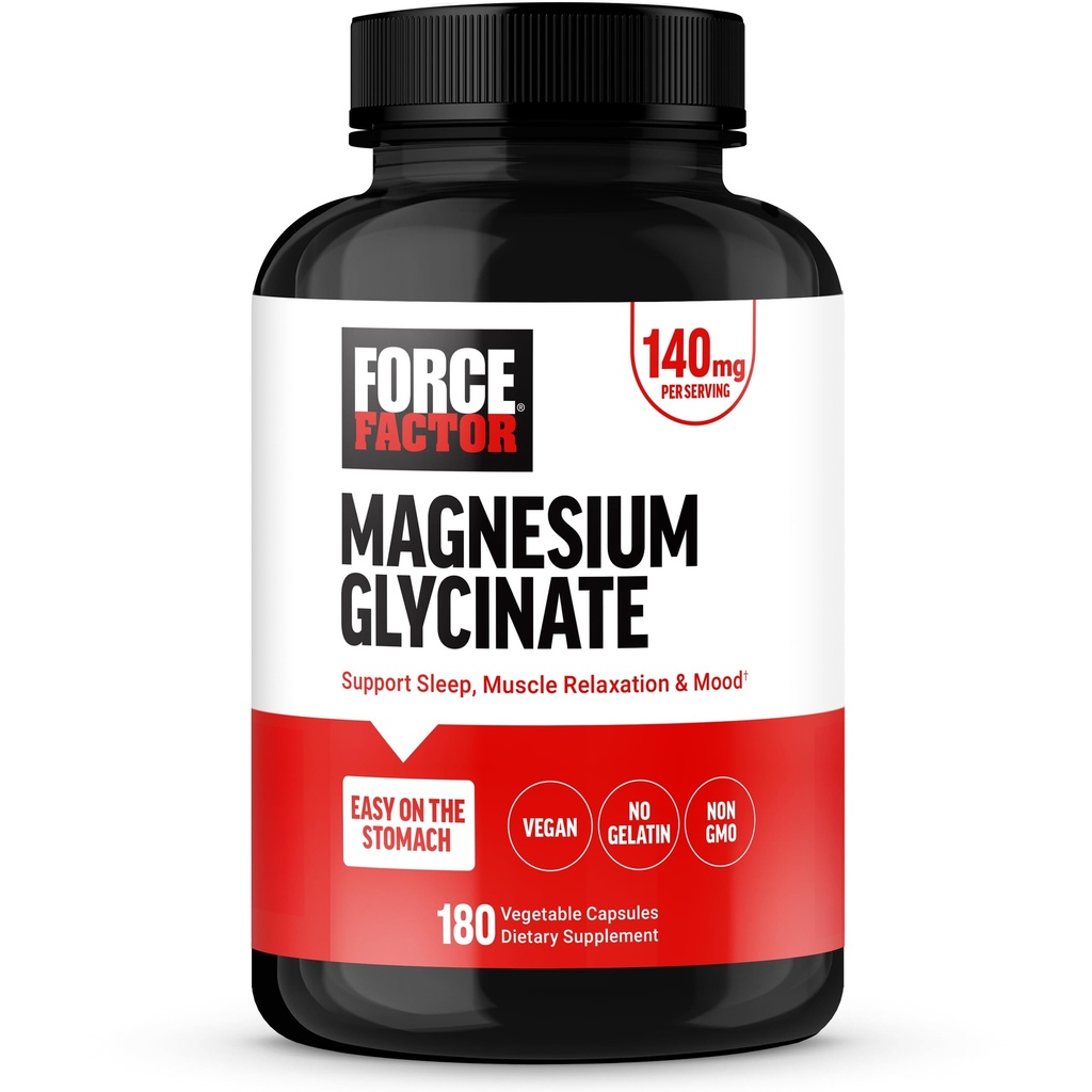 Force Factor Magnesium Glycinate, Magnesium Supplement för kvinnor och män för att stödja sömn, muskelavkoppling och humör, lätt på magen, Vegan, 3-månaders leverans, 180 kapslar