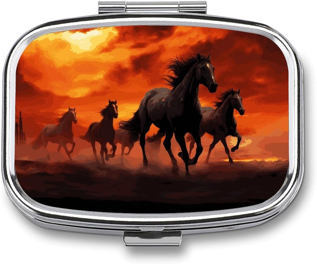 Hästar Red Glowing Clouds Square Pill Box, 2 Compartment Decorative Pocket Pill Box för ficka eller väska Portable Mini Travel Medicine Tablet Vitamin Holder Organizer Pill Case