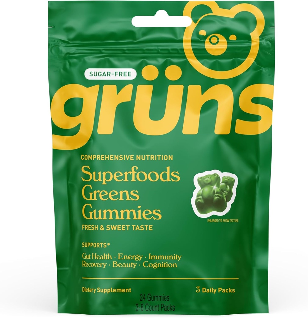 Gruns Sugar Free Super Greens Gummy Bears - Organisk Spirulina och Chlorella, Prebiotika för Digestive Health, 20 + Vitaminer och mineraler, Adaptogener - 3 påsar - 24 Gummies