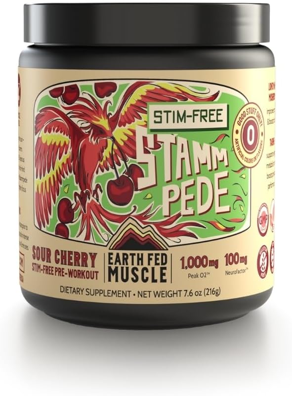 Earth Fed Muscle Stammpede Sour Cherry Pre Workout Powder for Men & Women, Pre Workout No Caffeine, Vegan & Gluten Free, Boosts Focus & Endurance, Lion’s Mane, Taurine, Peak O2, 30 Servings