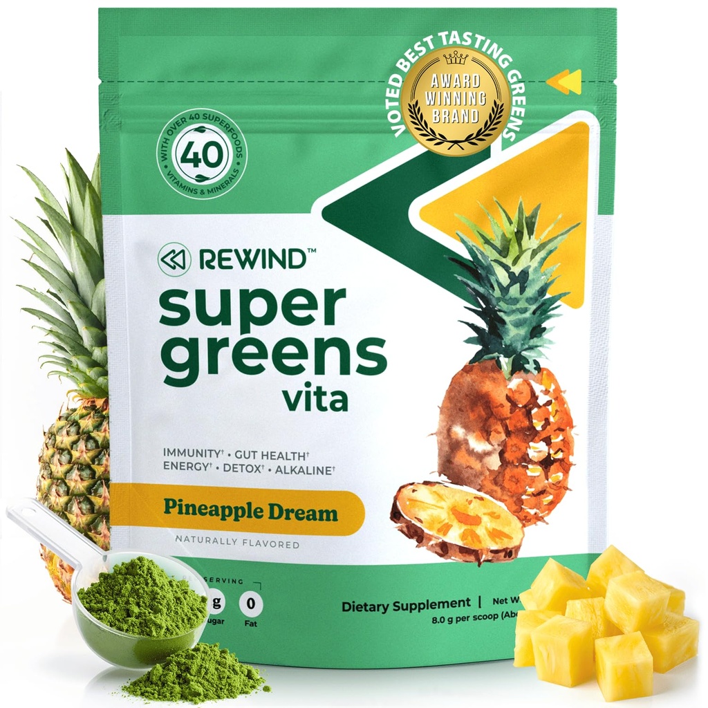 Bästa smak Super Greens Powder med 40 + Superfoods - Delicious Daily Green Powder med vitamin B12, Zink, Vitamin C, Magnesium & Calcium - Green Juice Superfood Mix - Pineapple smak