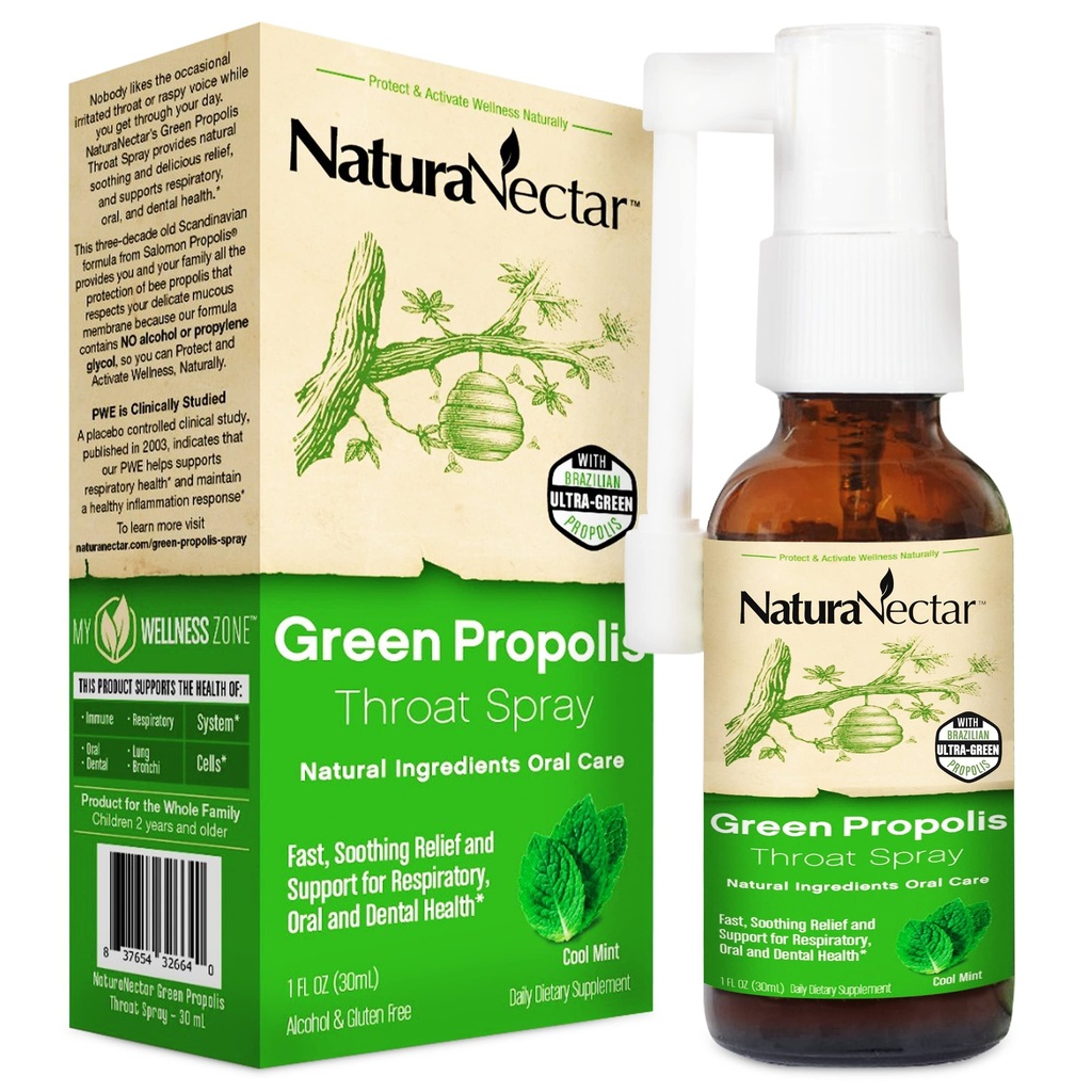 NaturaNectar - Green Propolis Throat Spray - Unique, Soothing Throat Care Relief med brasiliansk Bee Propolis - Naturlig och icke-alkoholisk Throat Care Formel från Sustainable Beekeeping (1-Pack, 30mL)