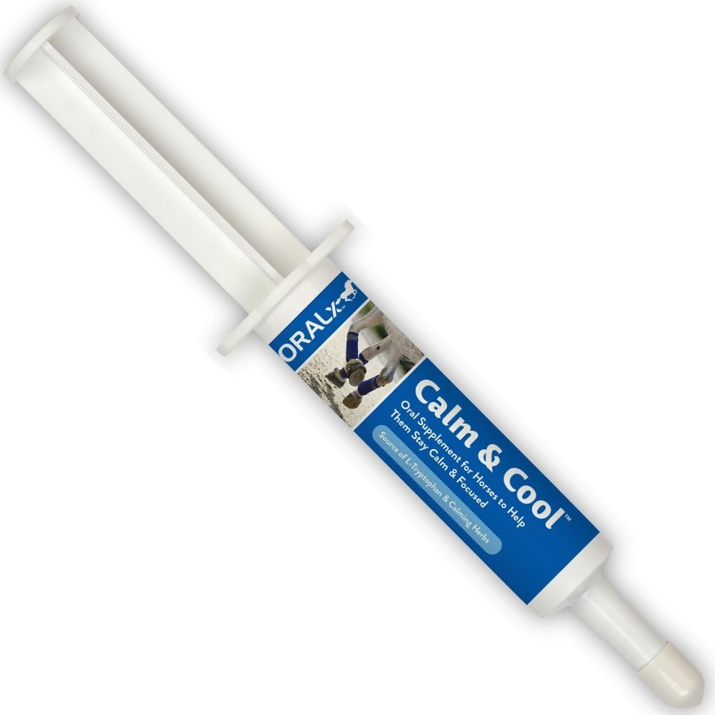 Oralx Calm och Cool för hästar Kalmning Paste formulerad med L-Tryptophan & Herbal Extracts. Hjälper till att upprätthålla lugn, fokuserad komposit under händelser och transporter. Easy-Dose Syringe. Tillverkad i USA