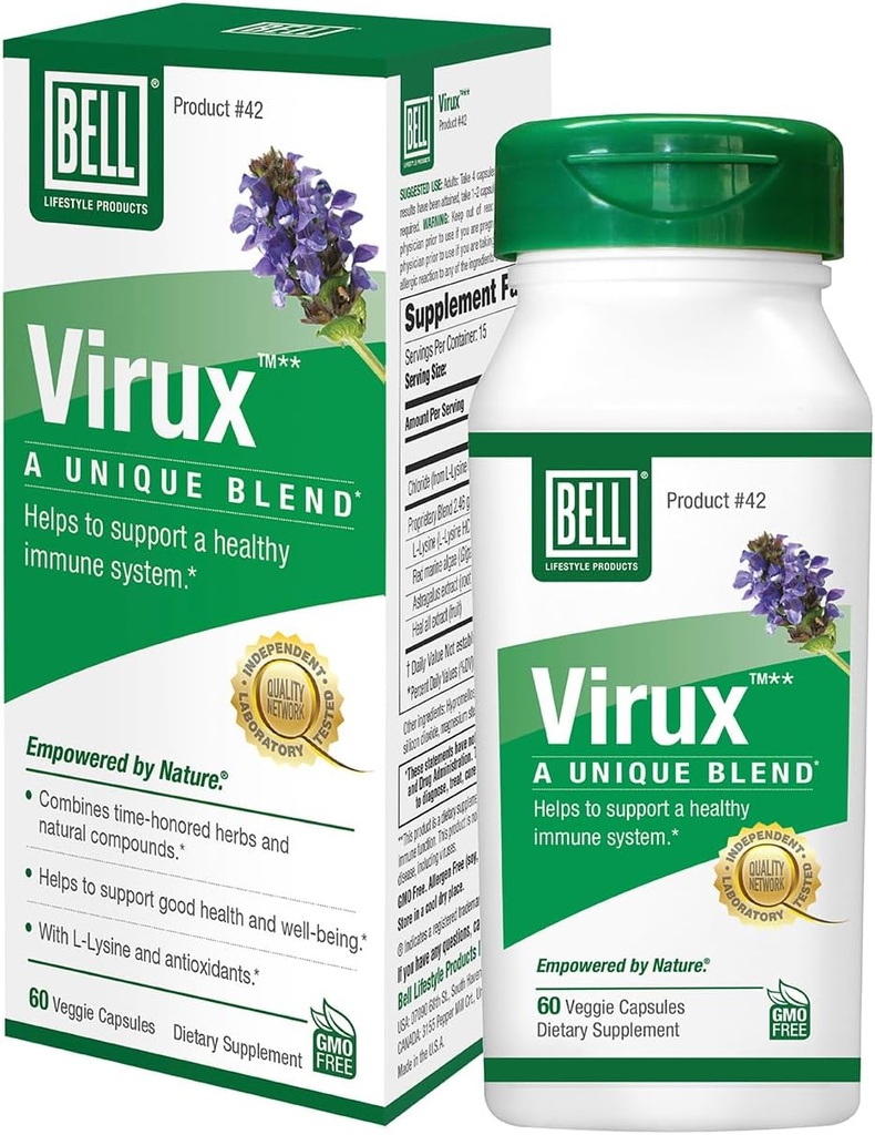 Bell ViruxTM L Lysine och Red Marine - Natural Herbal Blend, unikt tillskott för att öka immunsystemet - Lysin 1000mg kapslar