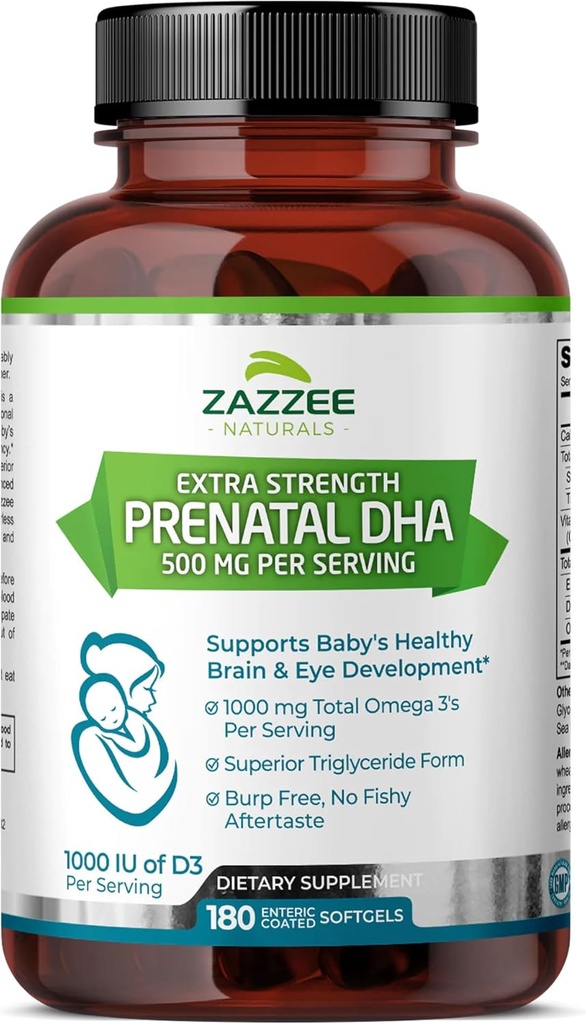 Zazzee Extra Strength Prenatal DHA 500 mg, 180 Enteric Coated Softgels, 1000 mg Omega 3, 1000 UI Vitamin D3, Burp Free, No Fishy Aftertaste, Superior Triglyceride Form, Purified Deep Sea Fish Oil