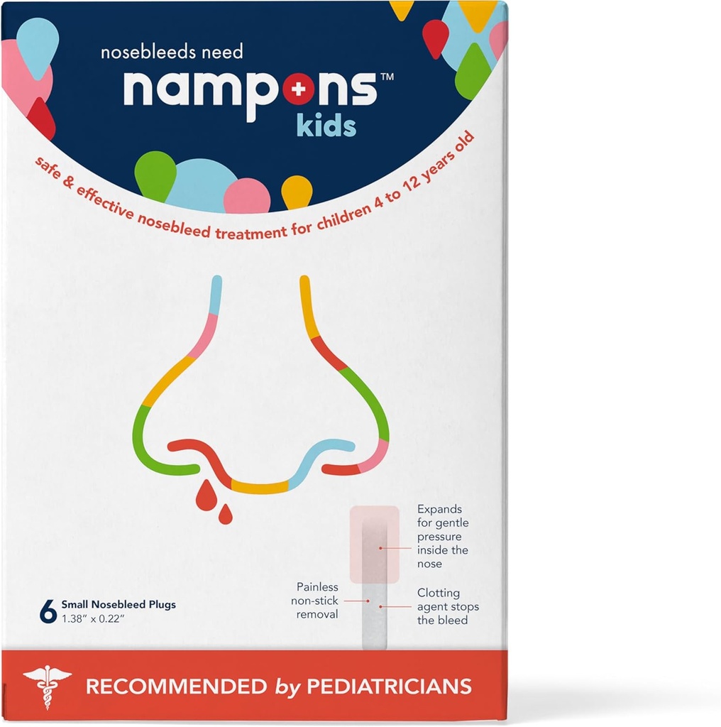 Nampons Barn Nosebleed Stoppers - 6 Lätt att använda näsblod Stopper Plugs Kit för barn. Betrodd av barnläkare. Hypoallergen Clotting Agent slutar näsblod snabbt i kontakt. Säker och smärtfri