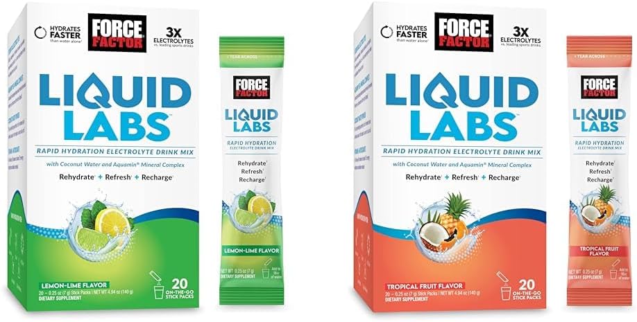 Bundle of FORCE FACTOR Liquid Labs Electrolytes Powder, Hydration Packets för att göra elektrolytvatten med vitaminer, mineraler och antioxidanter. Lemon-Lime smak + Tropisk frukt smak, 40 Stick Packs