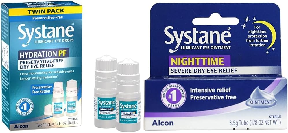 Systan Hydration Multi-Dose Preservative-Free Eye Drops Torr Eye Relief Twin Pack (2x10ml) & Nighttime Lubricant Eye Ointment 3.5g Tube