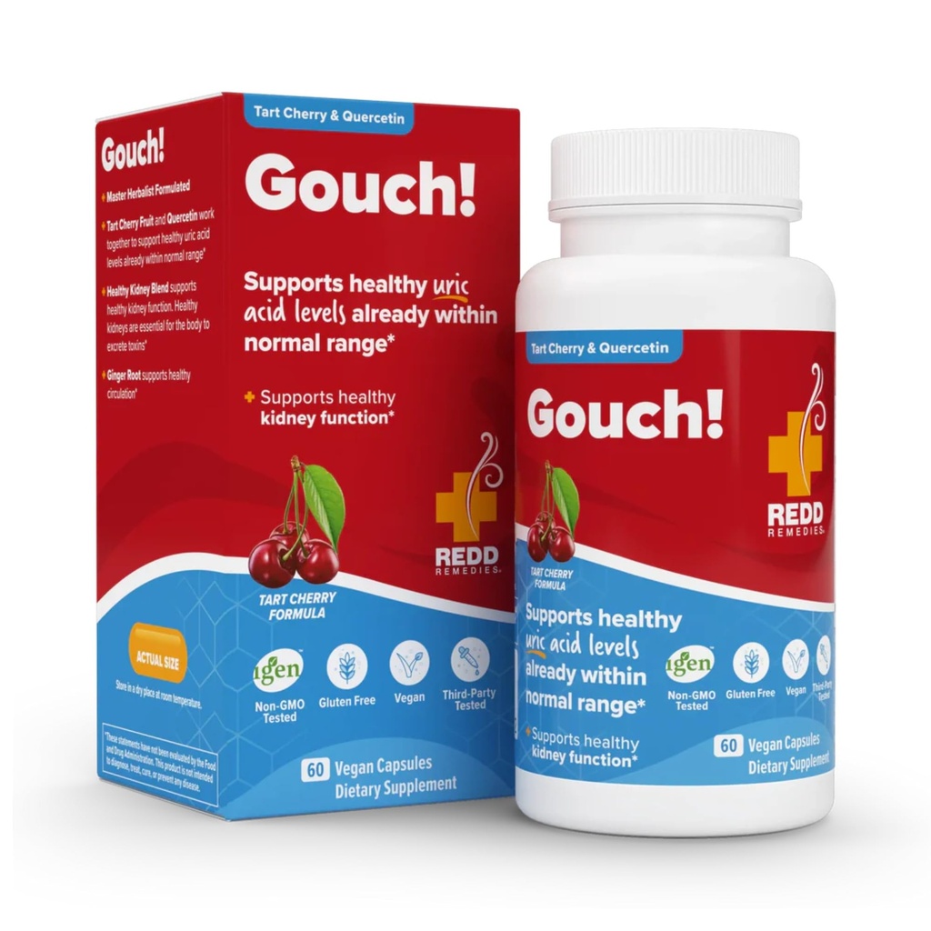 Redd Remedies, Gouch!, Supplement Support for Joints and Uric Acid Levels, uppmuntrar ett hälsosamt inflammatoriskt svar, Tart Cherry & Quercetin, 60 Vegan Capsules