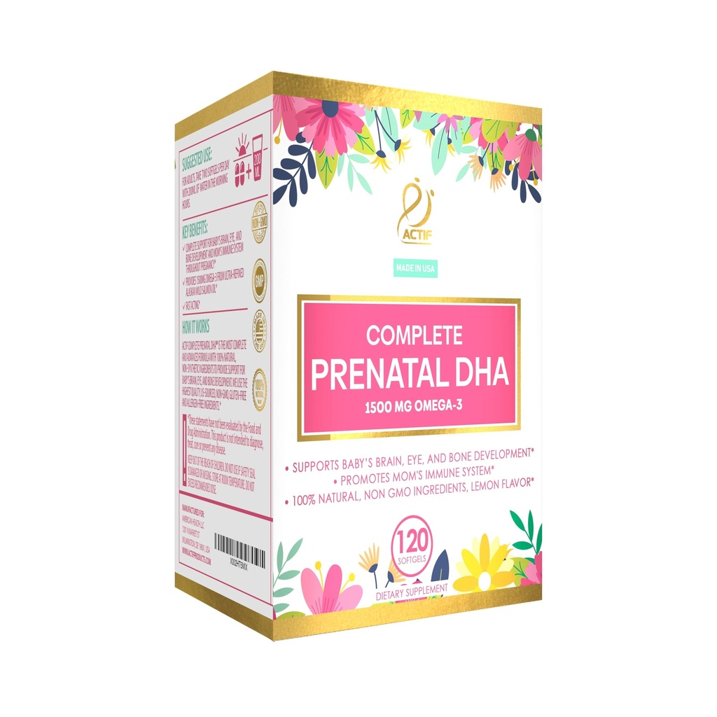 Actif Complete Prenatal DHA med 1500mg Omega-3, 100% naturlig, organisk DHA, EPA, Omega 3 - Non-GMO, 90 Gummies