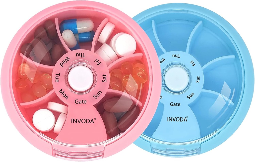 INVODA Weekly Pill Organizer 7 Compartment Rotating Pill Box för daglig medicinering och vitaminer - Portable Travel Pill Case Fish Oil Supplements Vitamins Organizer (Pink+Blue)