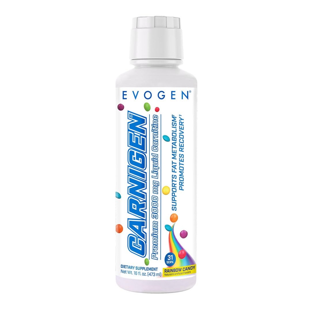 Evogen Carnigen Premium L Carnitine Liquid - L Carnitine 3000 Supplement | L Carnitine Supplement för fettmetabolism & Recovery | Acetyl L-Carnitine | Koffeinfri | Rainbow Candy | 31 portioner
