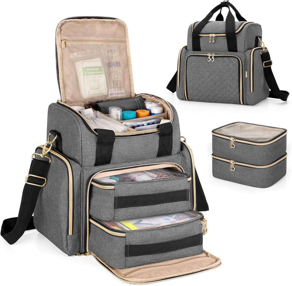 LUXJA Large Medicine Bag with 2 Removable Cases, Medicine Storage Bag with Multiple Storage Sections (Suitable for Travel or Home), Gray