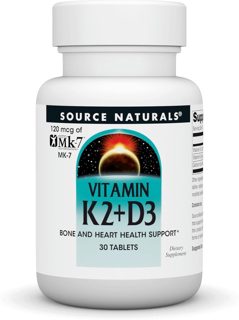 Källa Naturals Vitamin K2 + D3 Bone & Heart Health Complex - med vitamin D3, Vitamin K2 (MK-7) och Calcium - 30 tabletter