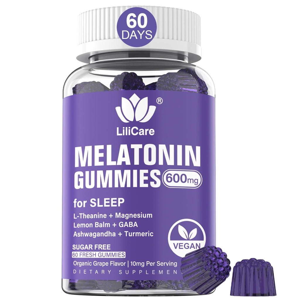 Melatonin Gummies 10mg 20mg för vuxna, Extra Styrka med L-Theanin, Ashwagandha, Magnesium, gurkmeja, GABA, Lemon Balm och Chamomile för stöd Hälsa Circadian Rhythm, Vegan Grape Flavor