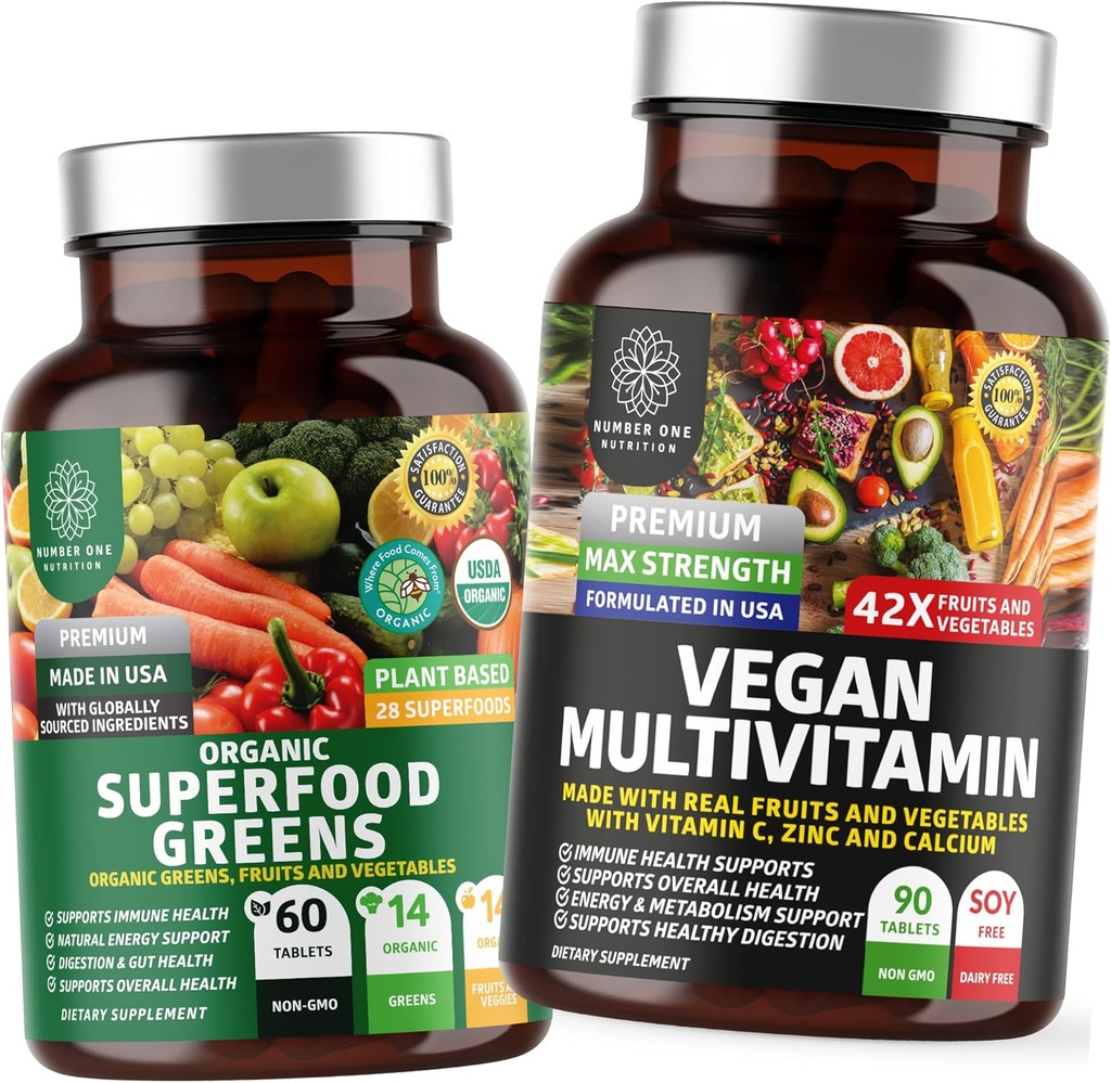 Number One Nutrition N1N Premium Plant-Based Multivitamin [86 Kraftfulla Ingredienser] och organiska Superfood Greens [28 Kraftfulla Ingredienser], för att stödja Gut Health och Total Wellness, 2 Pack Bundle