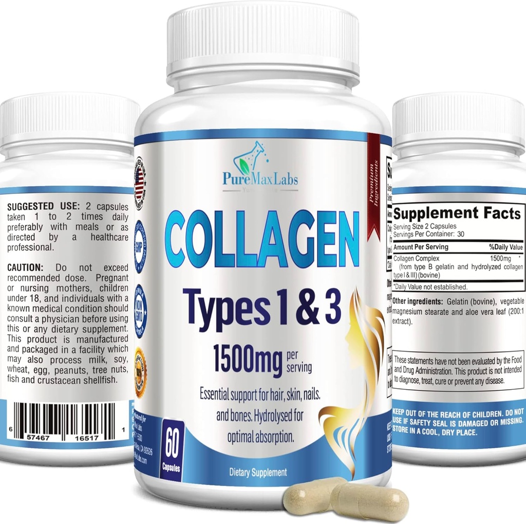 Collagen Types I & III - Collagen Pills, Supports Healthy Hair, Skin, Nails, Joints - Hydrolyzed Collagen Supplement, 60 Capsules