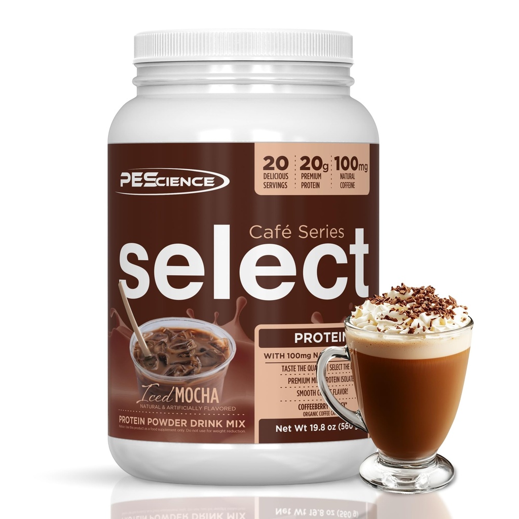 PEScience Välj Cafe Protein Kaffe smaksatt pulver, Iced Mocha, 100mg Koffein, 20g Iced Protein Kaffepulver eller Krämare, 20 portioner