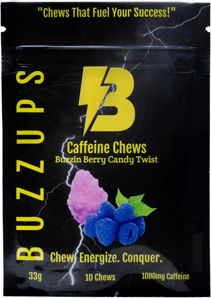 BuzzUps Koffein Gummies - 100mg koffein per Gummy, Buzzin Berry smak, energiökning för sport, spel, körning, cykel, fokus, uthållighetstillägg (10 Gummies, 1 Pack)