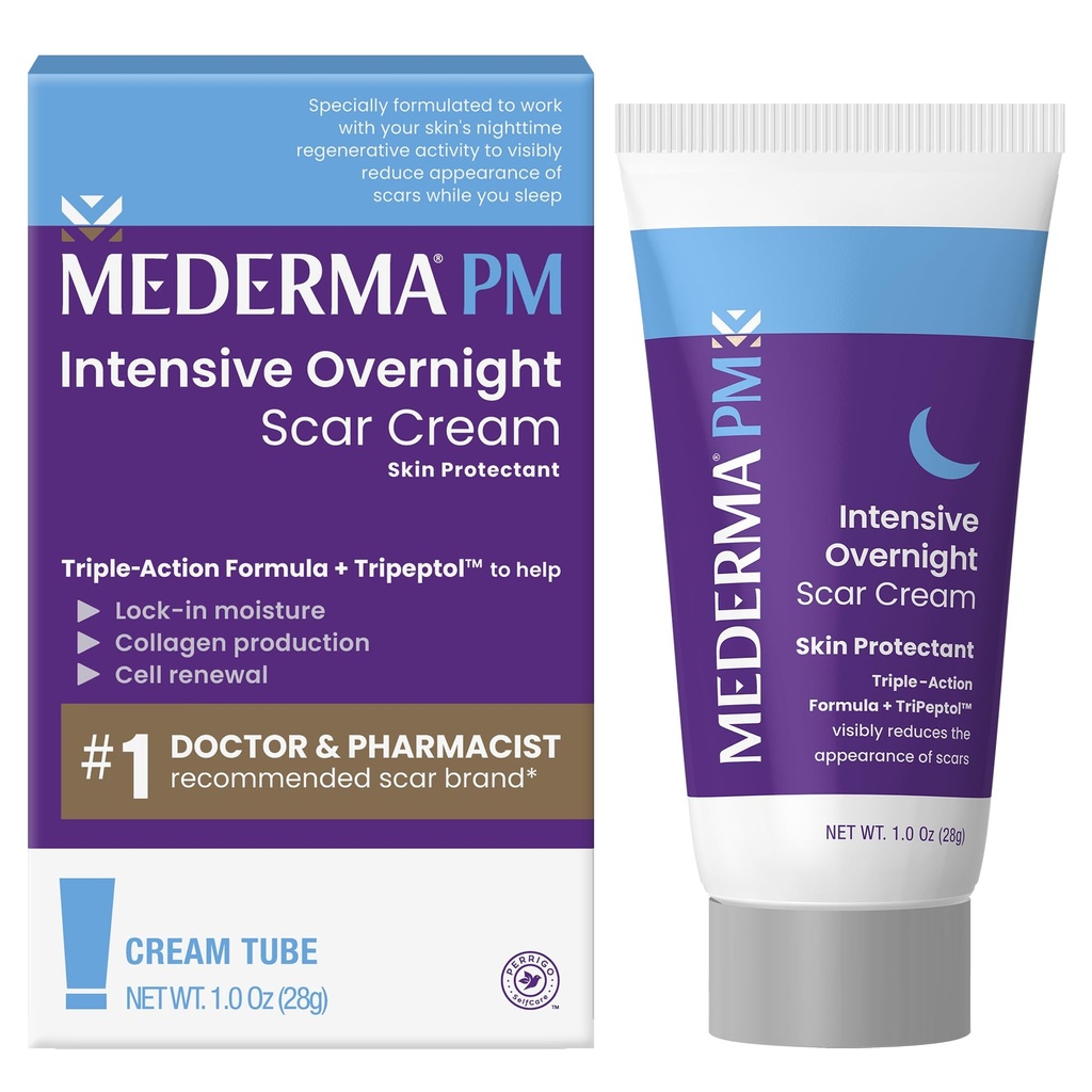 Mederma PM Intensiv Övernattning Scar Cream, arbetar med hudens Nighttime Regenerative Activity, kliniskt visade för att göra Scars mindre och mindre synlig, 1.0 Oz (28g)