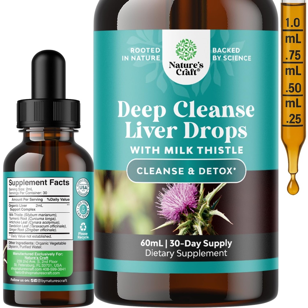 Deep Liver Cleanse, Detox & Repair med mjölk Thistle Liquid Drops - Liver Detox Liquid Artichoke Extract med Dandelion Leaf, Ginger & Turmeric Curcumin för Immunity & Daily Cleanse - 2Fl OZ