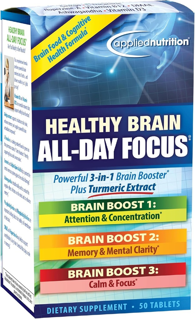 Applied Nutrition Healthy Brain All-Day Focus - 50 tabletter - Kraftfull 3-i-1 Brain Booster med gurkmeja Extract - 25 portioner