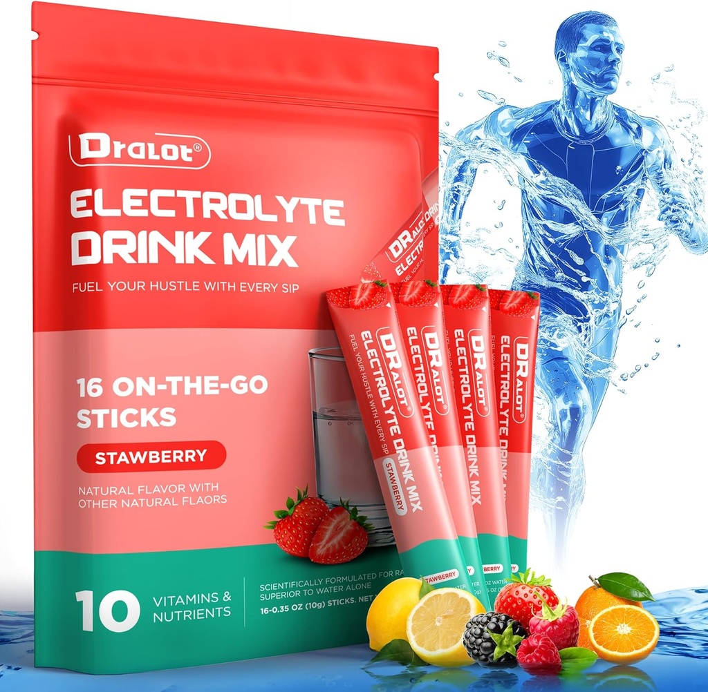 Sugar Free Electrolytes Powder with Natural Flavors, 3X Rapid Hydration Packets with 10 Electrolyte & Vitamins, Liquid Daily IV, Non-GMO, Gluten-Free, Keto, Vegan, 16 Sticks, Strawberry