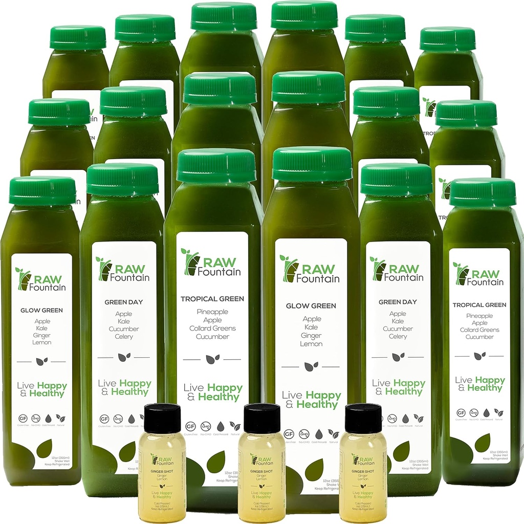5 Day Green Juice Cleanse av Raw Fountain, All Natural Raw, Vegan Detox, Cold Pressed Juice, 30 flaskor 12oz, 3 Ginger Shots