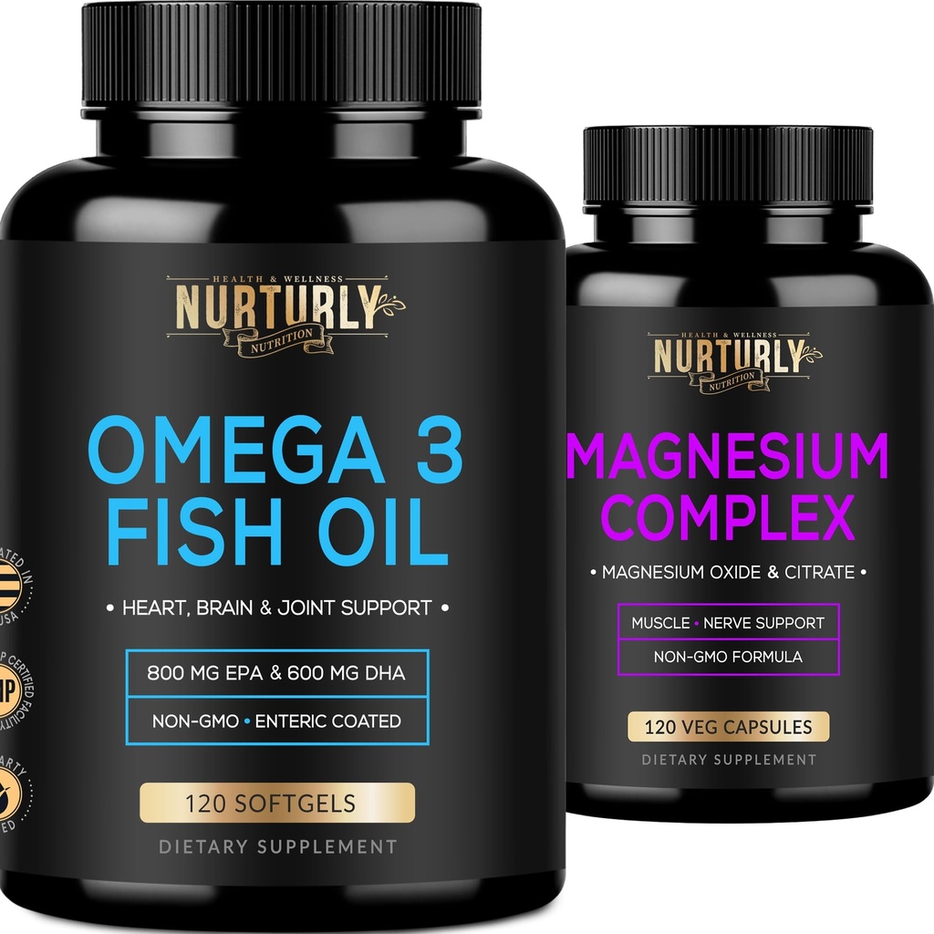 Magnesium Complex and Omega 3 Fish Oil - Magnesium Citrate 500MG – Fish Oil 2000mg, 800mg EPA and 600mg DHA - Muscle Relaxation, Sleep and Energy, Bone Health, Brain, and Heart
