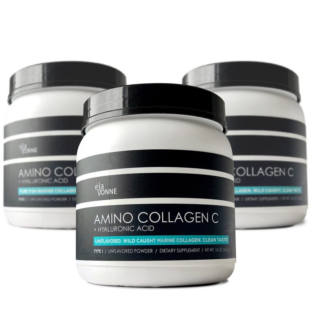 (3-Pack) Amino Collagen C - Collagen Powder (180 Scoops) - Marine Collagen Peptides + Hyaluronic Acid. Ingen socker. No Odor. Non GMO. USA. för Hair, Skin, Nails, Joints och Gut Health.