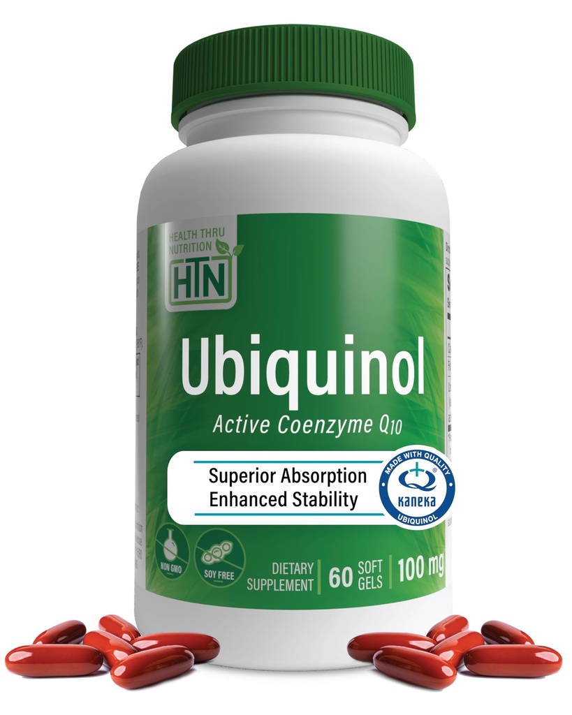 Health Thru Nutrition Ubiquinol 100mg 60 Softgels som Kaneka QH Reduced CoQ-10 | Stabiliserad - 3rd Party Tested | Förbättrad biotillgänglighet | Cardiovascular & Mitochondria Function Support | Non-GMO