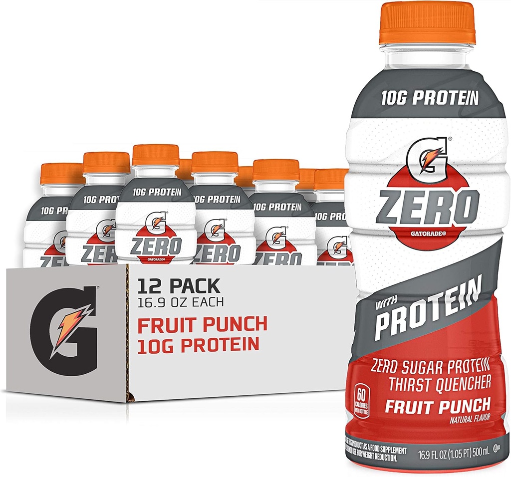 Gatorade Zero med protein, 10g Whey Protein Isolate, Zero Sugar, Electrolytes, Fruit Punch, 16,9 Fl Oz, 12 Pack