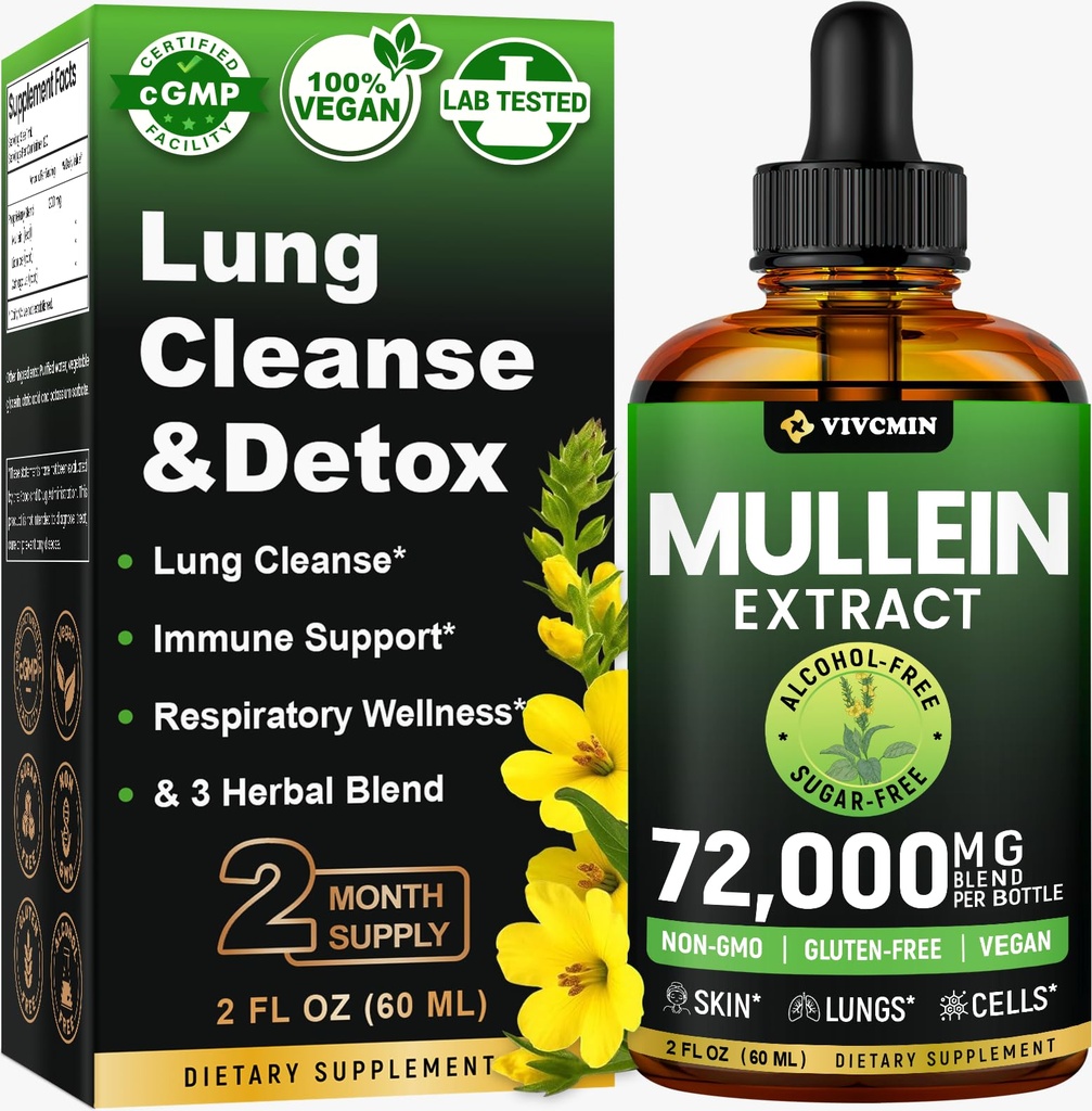 Mullein Drops for Lungs, 3-i-1 Mullein Leaf Extract för Lungs Health, Herbal Respiratory Lung Health Support Supplement, Support Immune & Digestive Wellness, Sugar & Alcohol-Free - 2 FL OZ