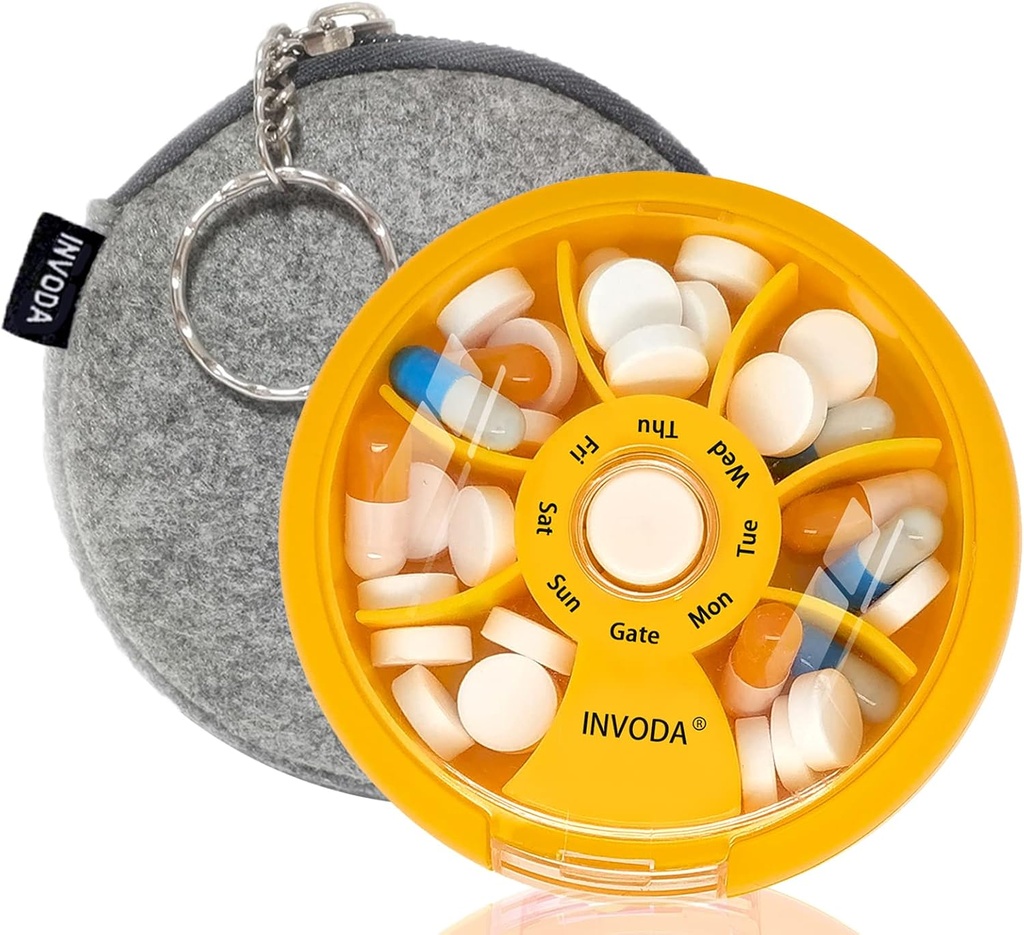 INVODA Weekly Pill Organizer 7 Compartment Rotating Pill Box för daglig medicinering och vitaminer - Portable Travel Pill Case Fish Oil Supplements Vitamins Organizer (Orange + Bag)