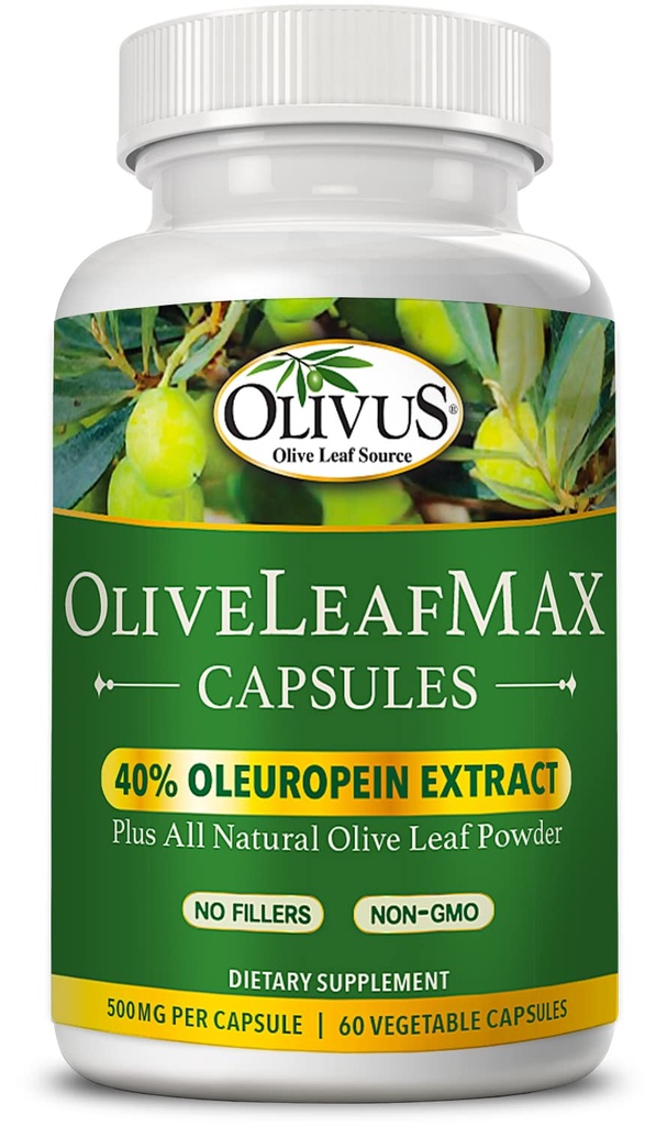 OliveLeafMAX Olive Leaf Extract (40% Oleuroepin) + Organic Olive Leaf Powder + No Fillers + 60 Vegetariska kapslar + Källa från Spanien och tillverkad i USA på GMP Facility