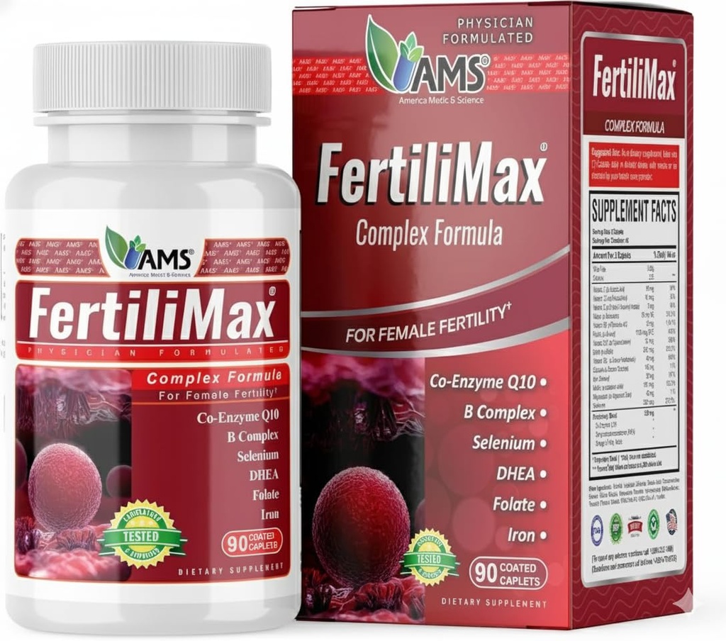 America Medic & Science FertiliMax, Fertility Supplements for Women, Supports Reproductive Health & Fertility Treatment, with Folate, CoQ10, DHEA, Iron, Selenium, 90 Capsules